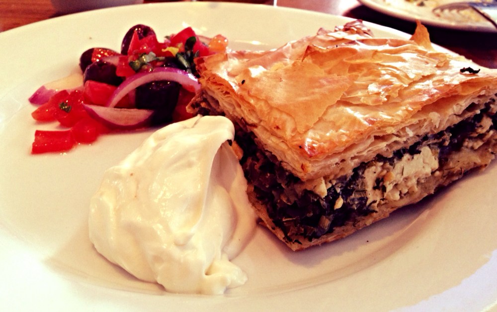 Filo stuffed with greens, leeks, dill, and feta cheese